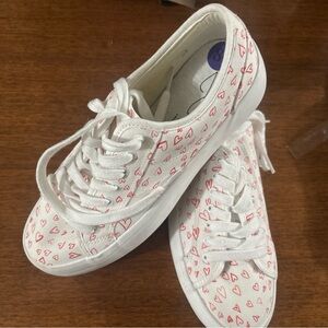 Joie White Lace-Up Sneakers with Red Heart Print